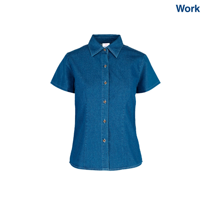 Women’s Short Sleeve Silhouette Denim Shirt (Light Indigo)