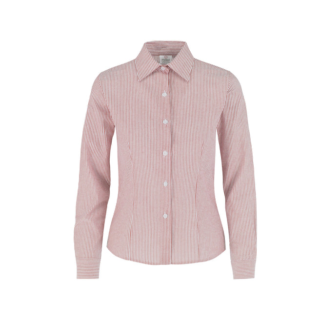 Women’s Long Sleeve Silhouette Oxford Stripes Shirt (Red & White Stripes)