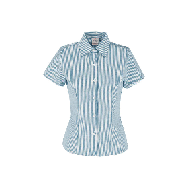 Women’s Short Sleeve Silhouette Oxford Stripes Shirt (Light Blue & White Stripes)