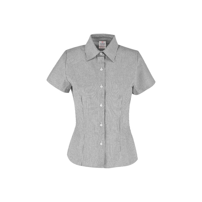 Women’s Short Sleeve Silhouette Oxford Stripes Shirt (Grey & White Stripes)